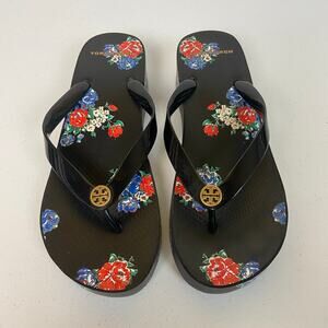 Tory Burch Cut Out Wedge Flip Flop Toe Post Sandals Shoes Black Tea Rose